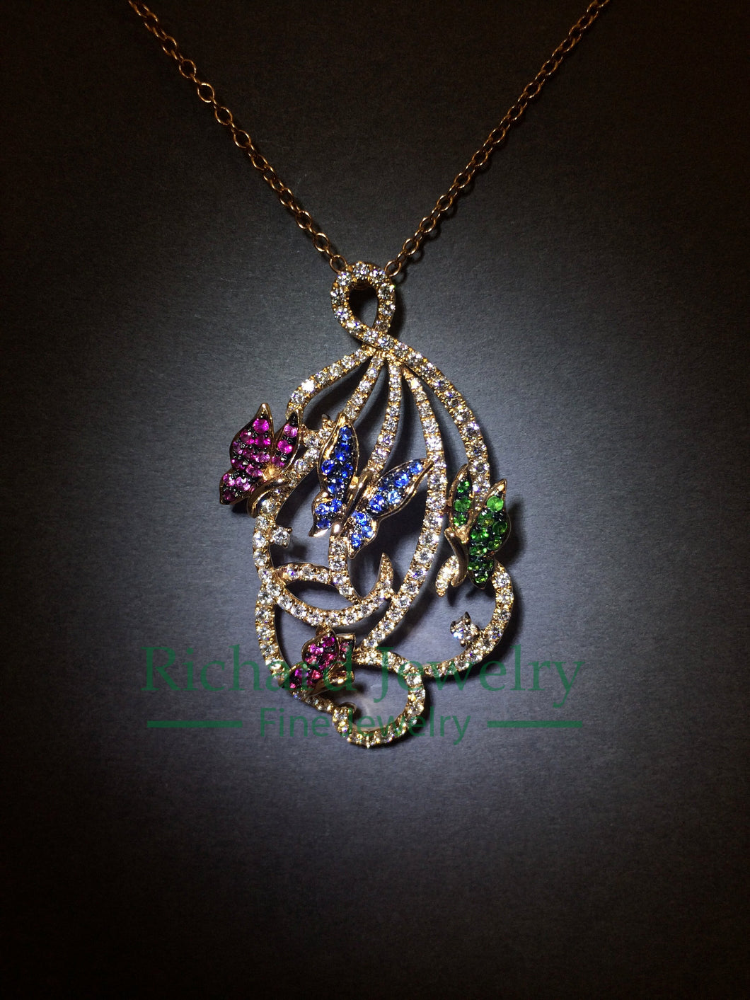 Color Sapphire Butterfly Diamond Pendant